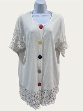 CZ Vintage White Zip-Up Coverup with Colorful Flip-Flop Patches Large